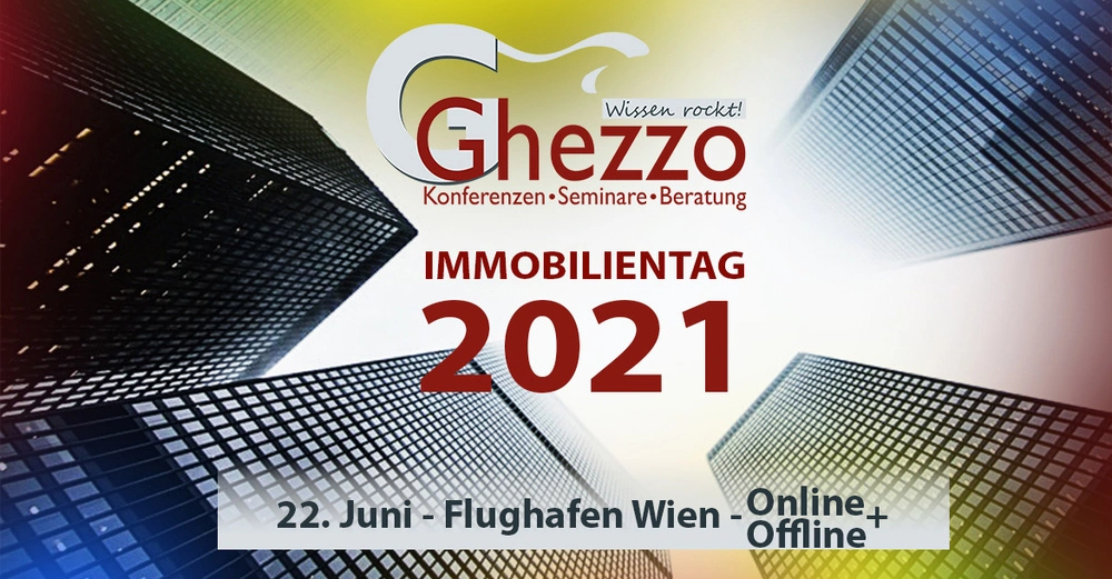 Große Wolkenkratzer von unten gesehen grenzen an einen gelben Himmel Ghezzo Konferenzen Seminare Beratung Wissen rockt IMMOBILIENTAG 2021 22 Juni Flughafen Wien Online Offline