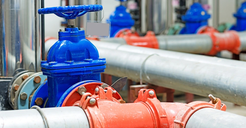 Ein blauer Ventilhahn rotiert an großen Rohrleitungen in einer industriellen Umgebung umgeben von weiteren Rohren und Ventilen.