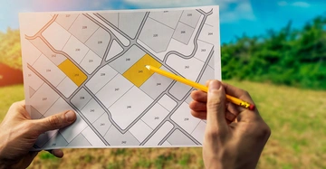 Grundstücksplan mit gelb eingezeichnetem Baugrund wird von zwei Händen in die Höhe gehalten. Dahinter grüne Wiese und blauer Himmel mit Waldstück