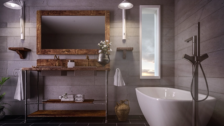 modernes Bad mit dunklem Schiefer, Altholzelementen und modernen Leuchten