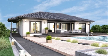 Bungalow von Marles Fertighaus mit schwarzem Satteldach und großem Pool im Vordergrund unter blauem Himmel