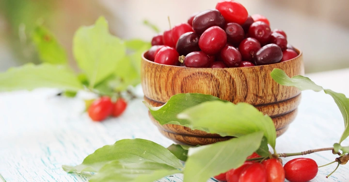 Holzschale gefüllt mit roten und violetten Beeren steht auf einem hellblauen Holztisch. Grünblättrige Zweige mit roten Beeren liegen um die Schale herum im verschwommenen Hintergrund.