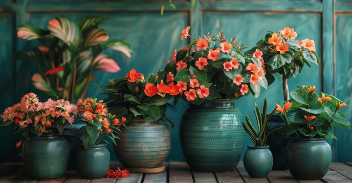 mehrere Sukkulenten, darunter rot-orange blühende Kalanchoe und bunte Einblätter in dunkelgrünen, runden Übertöpfen, wunderschön arrangiert vor dunkelgrüner Holzwand.