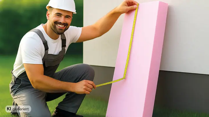 Galerie-Bild 5: KI-generiertes Bild eines Bauarbeiters, der eine Dämmstoffplatte ausmisst.