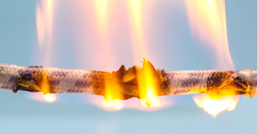 Ein brennendes Seil wird von Flammen umzüngelt in der Mitte des Bildes Lichtblauer Hintergrund schafft Kontrast zur intensiven Hitze des Feuers Seil nimmt in der Szene zentrale Position ein