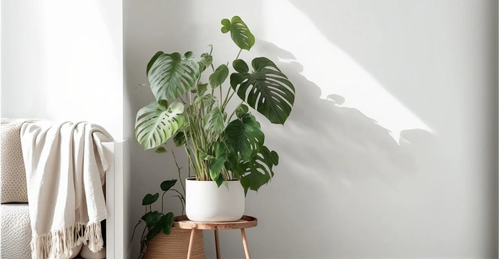 Galerie-Bild 1: Eine Monstera in weißem Blumentopf steht vor einer weißen Wand.
