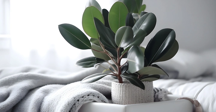 Galerie-Bild 2: Gummibaum in weißem Topf vor hellem Hintergrund.