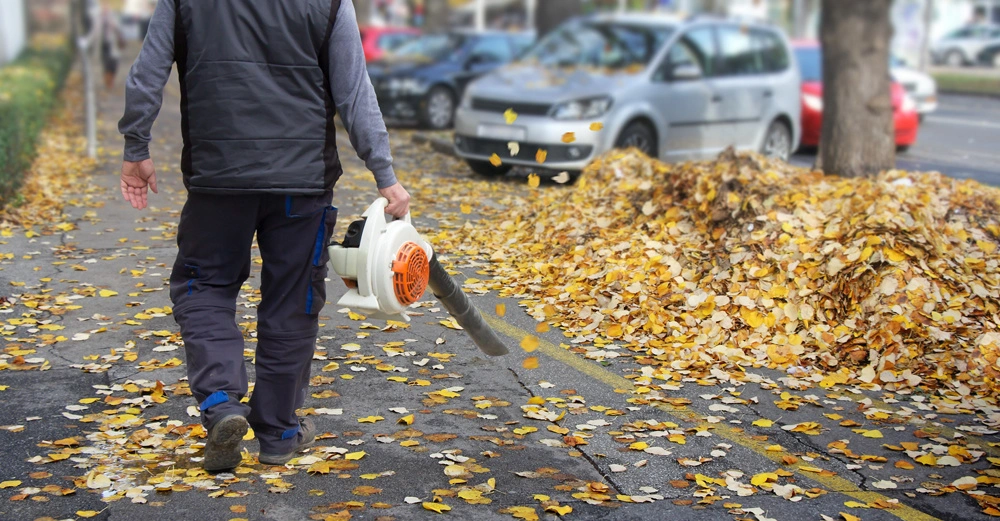 Person reinigt Gehweg mit Laubbläser von herbstlichen Blättern auf einer städtischen Straße gesäumt mit parkenden Autos und Bäumen
