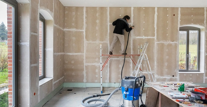 Innenausbau auf der Baustelle: Ein Handwerker steht auf einem Gerüst und führt Spachtelarbeiten an einer Wand aus Gipskartonplatten im Trockenbau durch. Im Vordergrund sind ein Baustaubsauger und Werkzeuge für die Renovierung zu sehen.