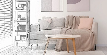 zweigeteilte Ansicht eines Wohnzimmer, link Bleistiftskizze von Interior, rechts die realistische Ansicht in Farbe. Couch, Beistelltisch, Regal im Hintergrund, Teppich