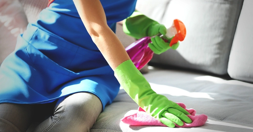Person trägt grüne Handschuhe und reinigt ein graues Sofa mit einem pinken Tuch und einer Sprühflasche in einem gut beleuchteten Raum.