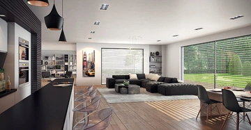 Großes Wohnzimmer mit schwarzer Eckcouch mehrere Couchtische und Bücherregale Glasschiebetüren rechts führen zu einem grünen Garten links moderne Küche mit Barhockern und Hängelampen Holzboden und Esstisch