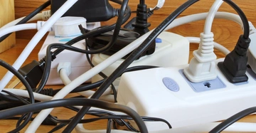 Mehrere Steckdosenleisten und Kabel sind auf einem Holzboden miteinander verwickelt und gesteckt im Hintergrund ist ein Teil eines Holzmöbels sichtbar