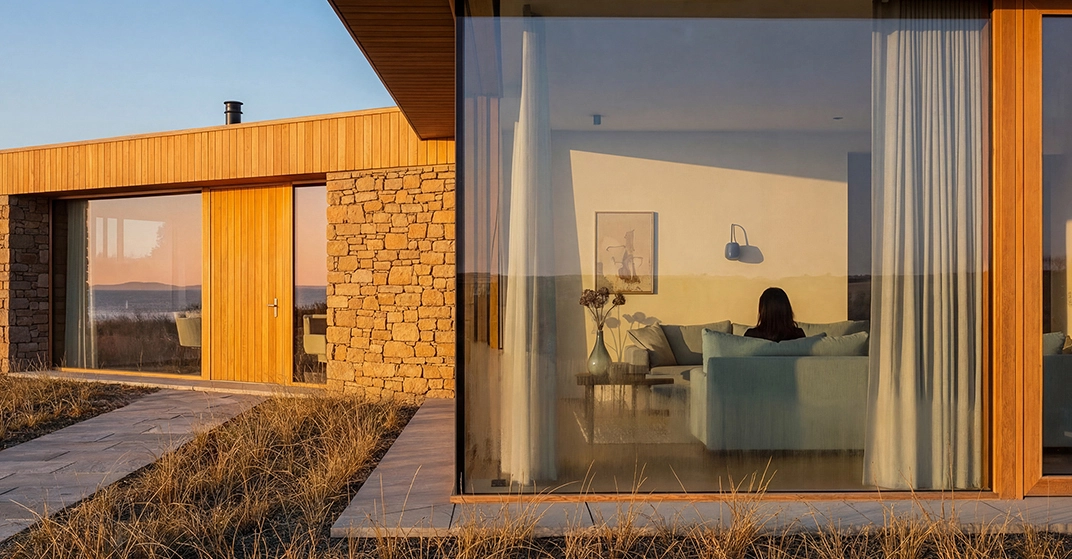 Außenaufnahme eines modernen Bungalows, Blick durch Glasfront in das Wohnzimmer