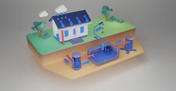 3D-Illustration zur Regenwassernutzung in Haus und Garten. Einfamilienhaus mit Leitungen,Filtern, Pumpen und unterirdischem Regenwassertank.