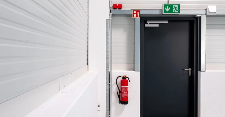 Eine schwarze Tür mit einem weißen Notausgangsschild darüber ist in einem modernen Gebäude ein Feuerlöscher ist an der weißen Wand links von der Tür montiert.