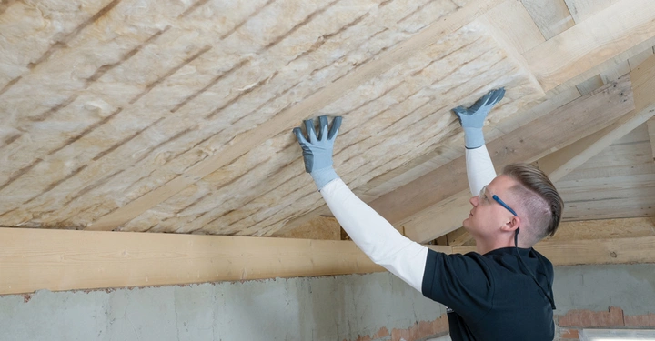 Eine Person montiert mit Handschuhen Dämmmaterial an die Decke eines Rohbaus mit Holzbalken und unverputzten Wänden.