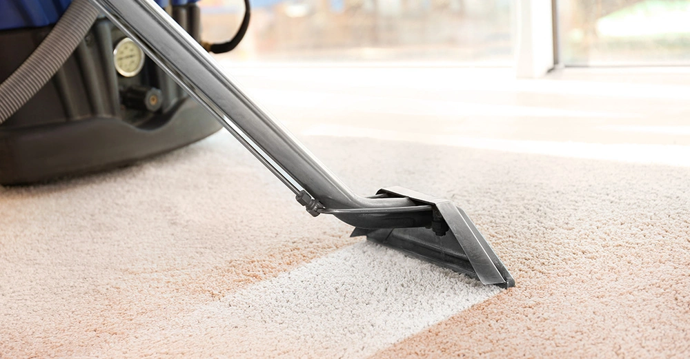 Saubsauger saugt über einen bräunlichen Teppich und hinterlässt einen sauberen weißen Streifen.