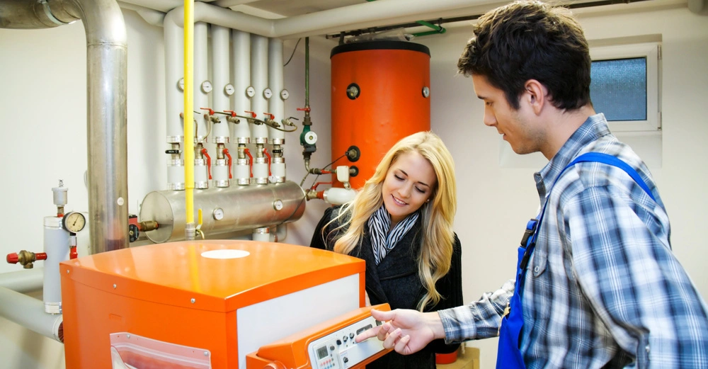 Mann in Arbeitskleidung zeigt einer Frau einen Kessel im Heizungsraum zahlreiche Rohre und Anzeigen an den Wänden im Hintergrund.
