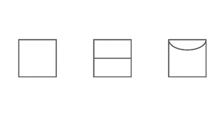 Drei quadratische Symbole sind nebeneinander auf weißem Hintergrund. Das linke Quadrat ist leer das mittlere Quadrat ist horizontal in zwei Hälften geteilt das rechte Quadrat hat einen Halbkreis am oberen Rand.