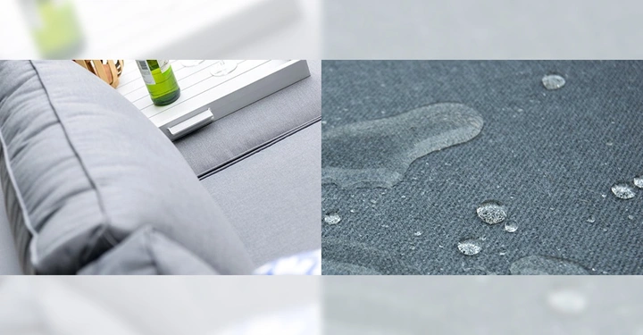 Ein graues Sofa steht im Wohnzimmer mit einem weißen Tablett darauf auf dem eine Flasche steht neben einer Nahaufnahme von Wassertropfen auf einem grauen Stoff.