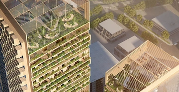 Hochhäuser mit üppigen, begrünten Terrassen und offenen Gitterstrukturen auf den Dächern in einer städtischen Umgebung mit umliegenden Gebäuden und Straßen.