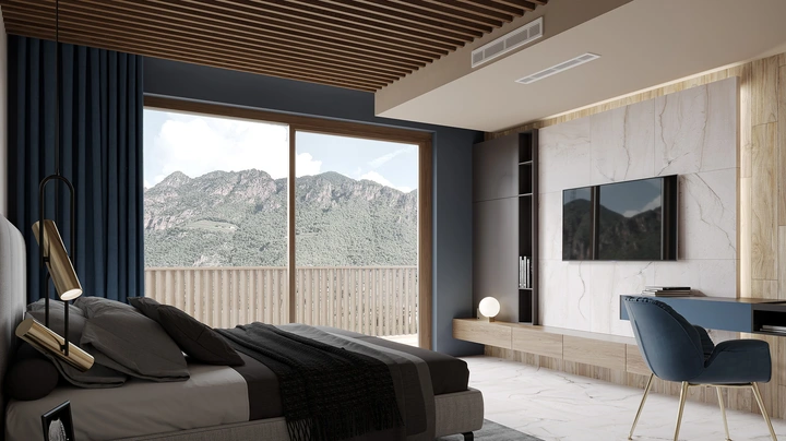 Galerie-Bild 4: modernes Schlafzimmer mit großem Panoramafenster, kleinem Schreibtisch, Boxspringbett und Lowboard