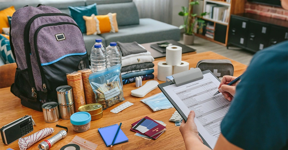 Person überprüft eine Liste neben Notvorräten auf einem Tisch vorbereitet in einem Wohnzimmer. Vorräte umfassen Rucksack Konservendosen Flaschen Wasser Klopapier Taschenlampe und Medikamente. Text auf der Liste: Emergency Kit Checklist.