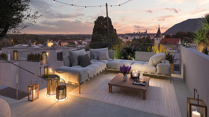 Rendering Dachterasse mit Kerzen, inidirekter Beleuchtung, Abendstimmung über Wien