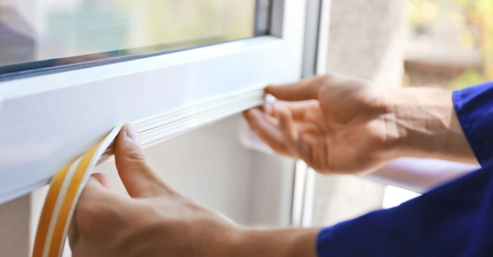 Hände kleben ein Dichtungsband auf den Rahmen eines Fensters in einem Innenraum bei Tageslicht.