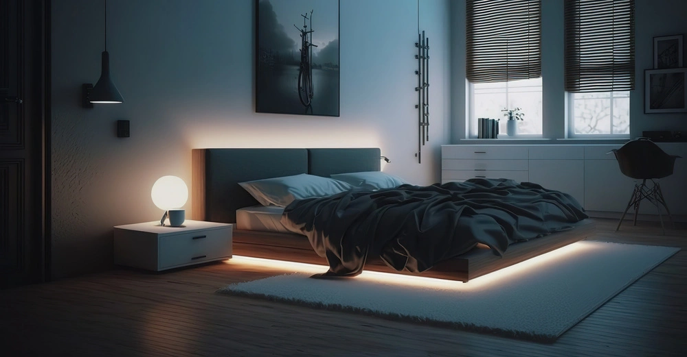 Modernes Schlafzimmer mit einem großen Bett beleuchtet von warmem Licht links auf einem Nachttisch in einer gemütlichen Atmosphäre ausgestattet mit dekorativer Kunst an der Wand und zwei Fenstern mit Jalousien im Hintergrund.