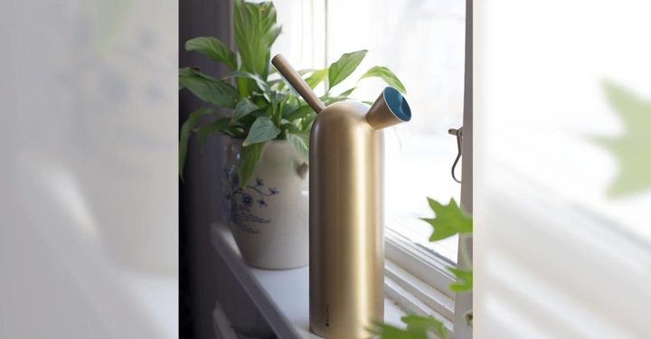 Eine goldene Gießkanne steht neben einer Fensterbank vor einem Topf mit grünen Blättern und sanfter Beleuchtung. Text: XALOUNG