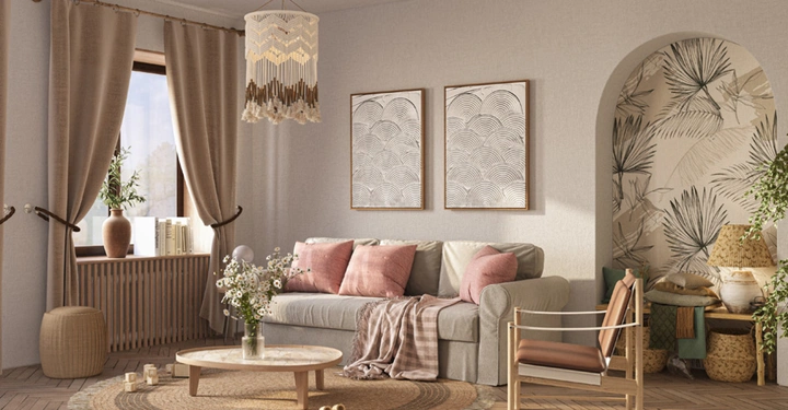 3D Rendering von gemütlichem Wohnzimmer in hellen Pastellfarben mit gewölbter Wand, Hartholzboden, Couch, Ohrensessel, Plaids und Vorhängen.