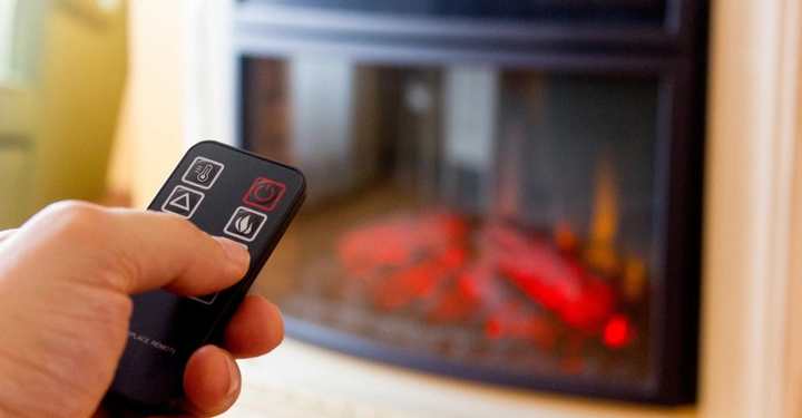 Hand hält Fernbedienung steht vor einem eingeschalteten elektrischen Kamin im Wohnzimmer.