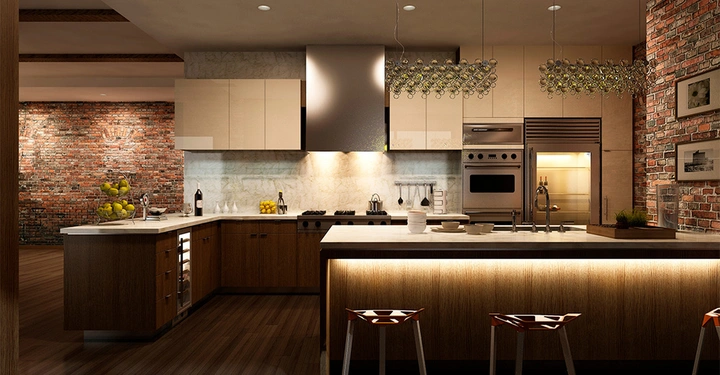 Moderne sehr dunkel gehaltene Küche mit vielfacher Beleuchtung: Spots, Untertischleuchten, Arbeitslichter, Deckenleuchte. Licht planen professionell