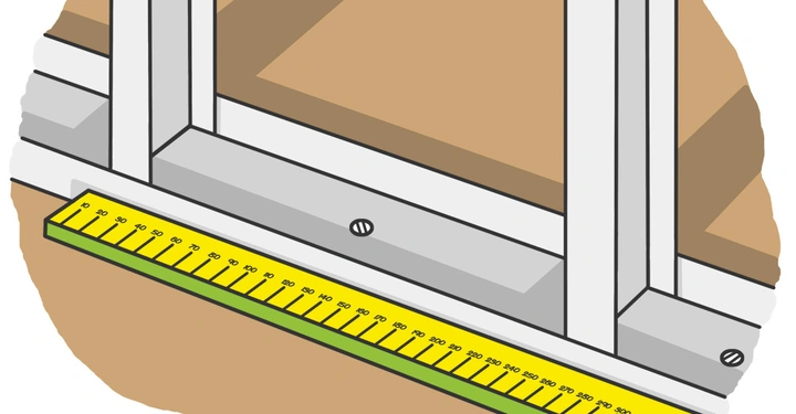 Metallrahmen-Paneele halten eine gelbe Lineal mit schwarzen Markierungen und Zahlen von 0 bis 360 auf einem braunen Hintergrund.