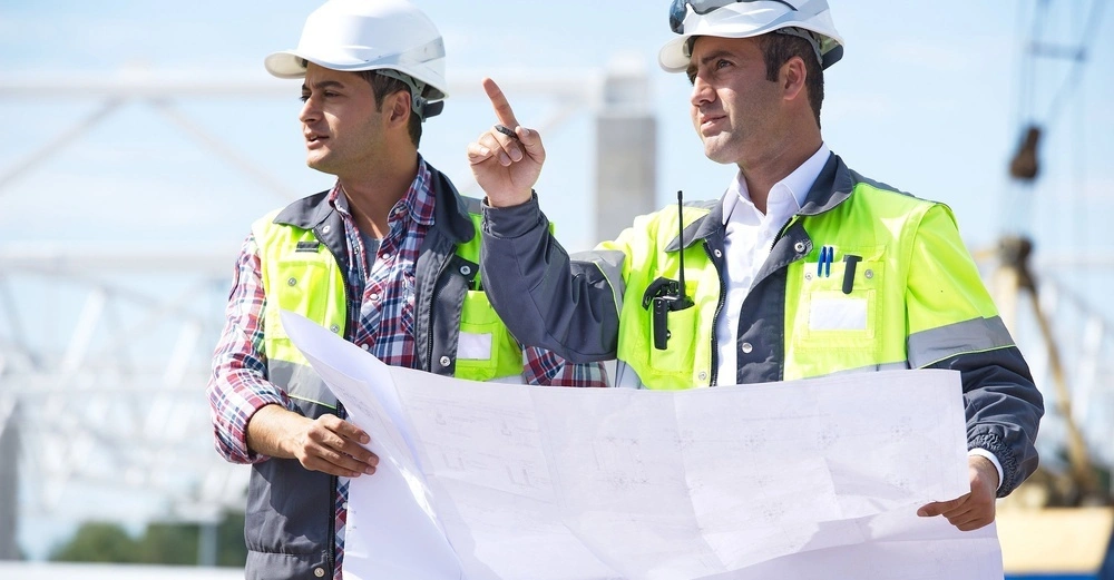 Zwei Männer in Schutzkleidung und Helm besprechen einen Bauplan auf der Baustelle.