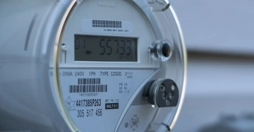 Ein digitaler Stromzähler zeigt die Zahl 55733 hinter Glas an in einem Außenbereich an einer Hauswand montiert. Text: IC 8646-AM17-MODEL-AM17 01 55733 200A 240V 1PH TYPE C2S0D 3FILS WIRE 4417385P263 305 517 456