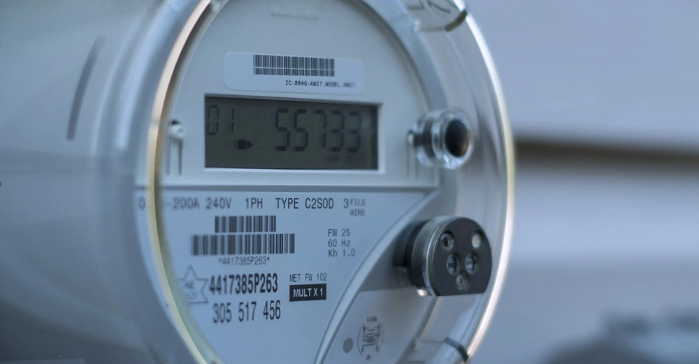 Ein digitaler Stromzähler zeigt die Zahl 55733 hinter Glas an in einem Außenbereich an einer Hauswand montiert. Text: IC 8646-AM17-MODEL-AM17 01 55733 200A 240V 1PH TYPE C2S0D 3FILS WIRE 4417385P263 305 517 456