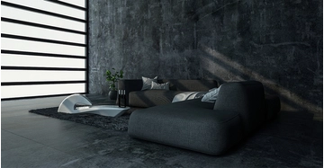 modernes Loft mit großer Fensterfront, dunkler Beton, Schieferboden, graues Sofa