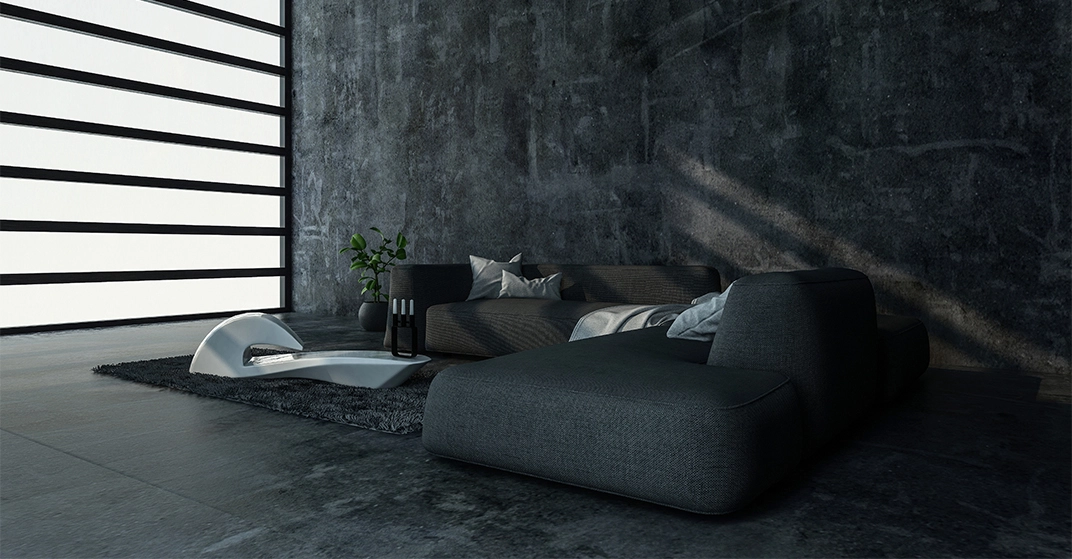 modernes Loft mit großer Fensterfront, dunkler Beton, Schieferboden, graues Sofa