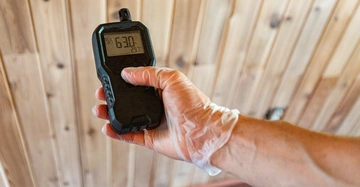 Hand hält ein digitales Messgerät 630 anzeigend in einem Raum mit holzvertäfelten Wänden.