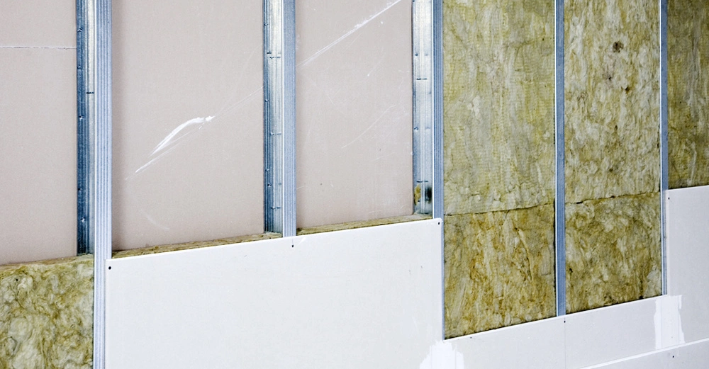 Wand mit Metallstreben zeigt Dämmstoff und Gipskartonplatten Teils unvollständig installiert in einer Baustellensituation