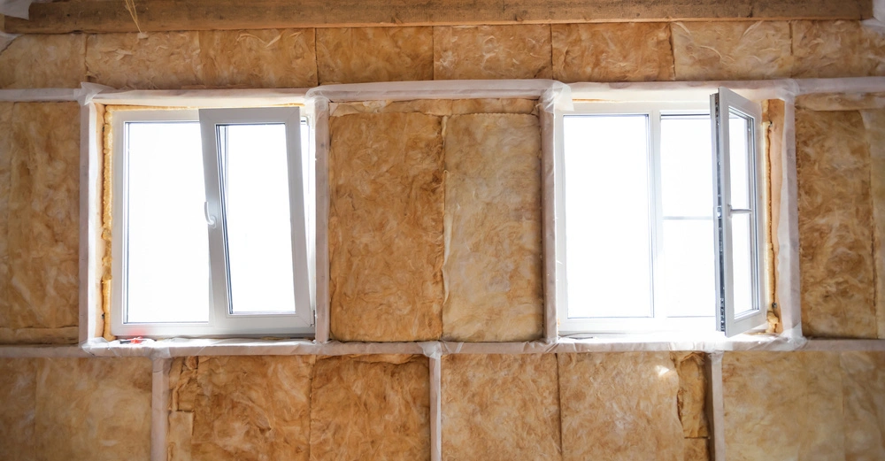 Dachgeschoß mit fertiger Steinwoll-Dämmung innen, Blick aus zwei geöffneten Dachfenstern 