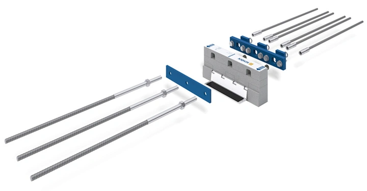 Galerie-Bild 2: Schöck Isokorb IQ Typ K ist das neue tragende Wärmedämmelement für die stützenfreie bauzeitenflexible Montage frei auskragender Balkone. Im Bild: Isokorb IQ Typ K-A. Die Aussparungen für die Befestigung durch Mutter-Bolzen-Verbindung befinden sich deckenseitig. Dieses System ist optimal geeignet für den Einsatz in Kombination mit Stahlbeton-Skelettbau oder Holzfassaden.