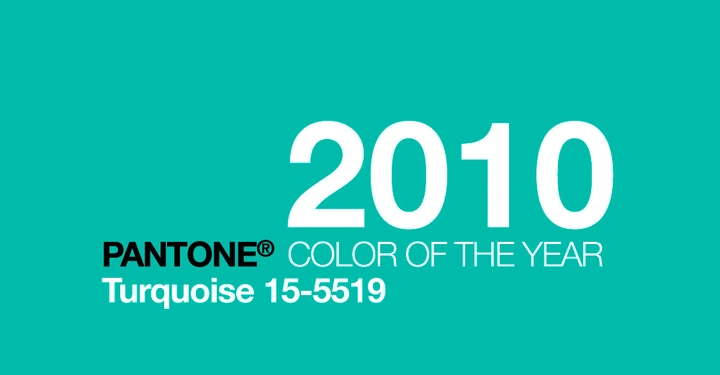 Galerie-Bild 17: Jahr 2010 in großen weißen Zahlen auf einer türkisfarbenen Fläche im Hintergrund Text PANTONE COLOR OF THE YEAR Turquoise 15-5519.