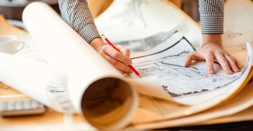 Person zeichnet mit rotem Bleistift auf großem Architektenplan auf einem Tisch im Büro umgeben von weiteren ausgerollten Plänen, einer Kaffeetasse und einem Taschenrechner