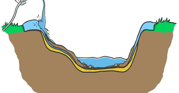 Hand hält Schlauch der Wasser in ein ausgehobenes Erdloch mit verschiedenen Erdschichten gießt Gras wächst an den Rändern des Lochs und Wasser sammelt sich am Boden