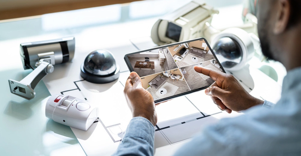 Mann mit Tablet am Tisch, Bildschirm viergeilt mit Live-Bildern aus einer Überwachungskamera. Auf dem Tisch liegen eine neue Kamera, ein Bewegungsmelder und weitere Alarmanlagentechnik