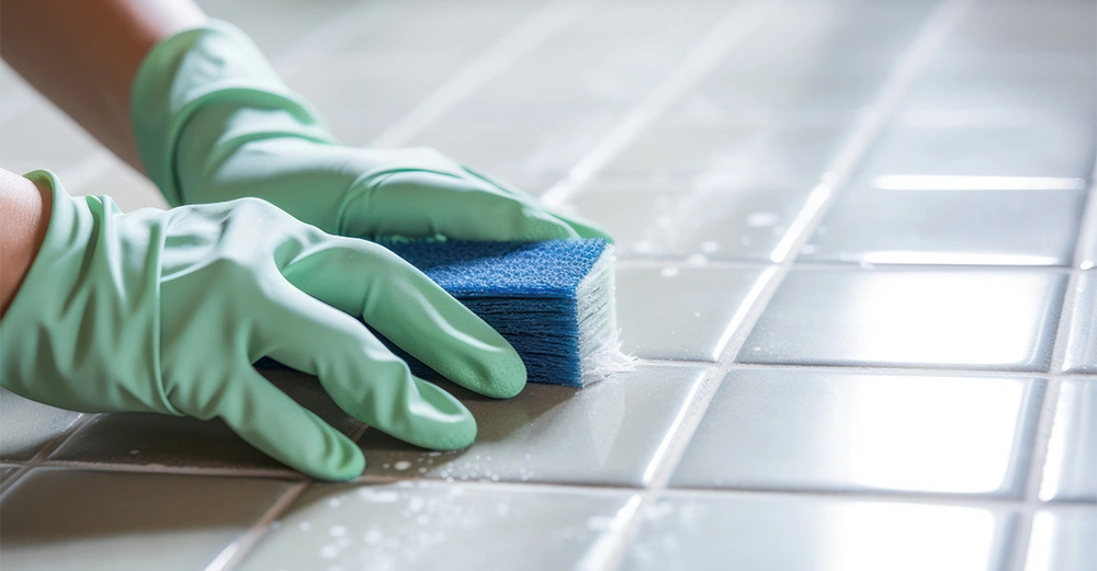 Ein paar Hände mit türkisen Gummihandschuhen schrubbt den Fliesenboden mit einem blauen Schwamm.